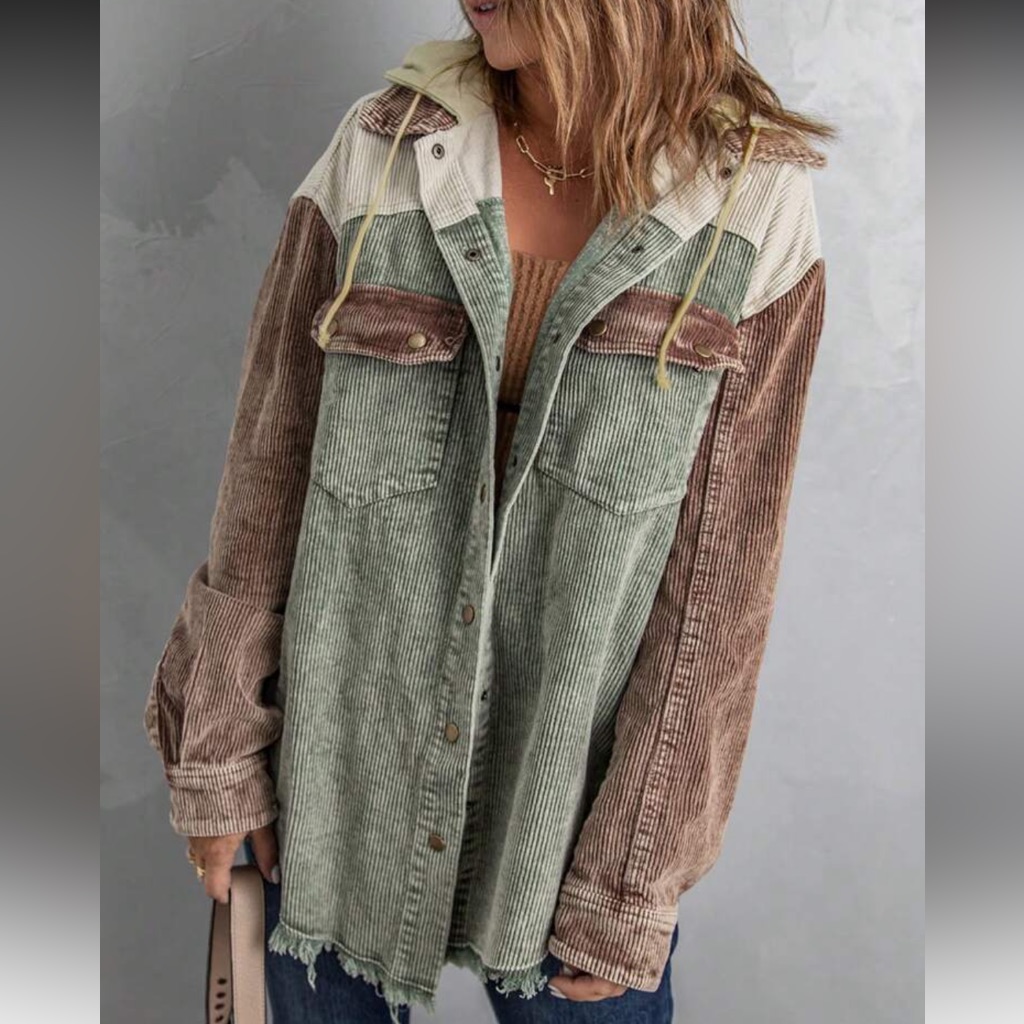 Boho Cozy Color Block Oversized Corduroy Hoodie Jacket Shacket Button Down Shirt